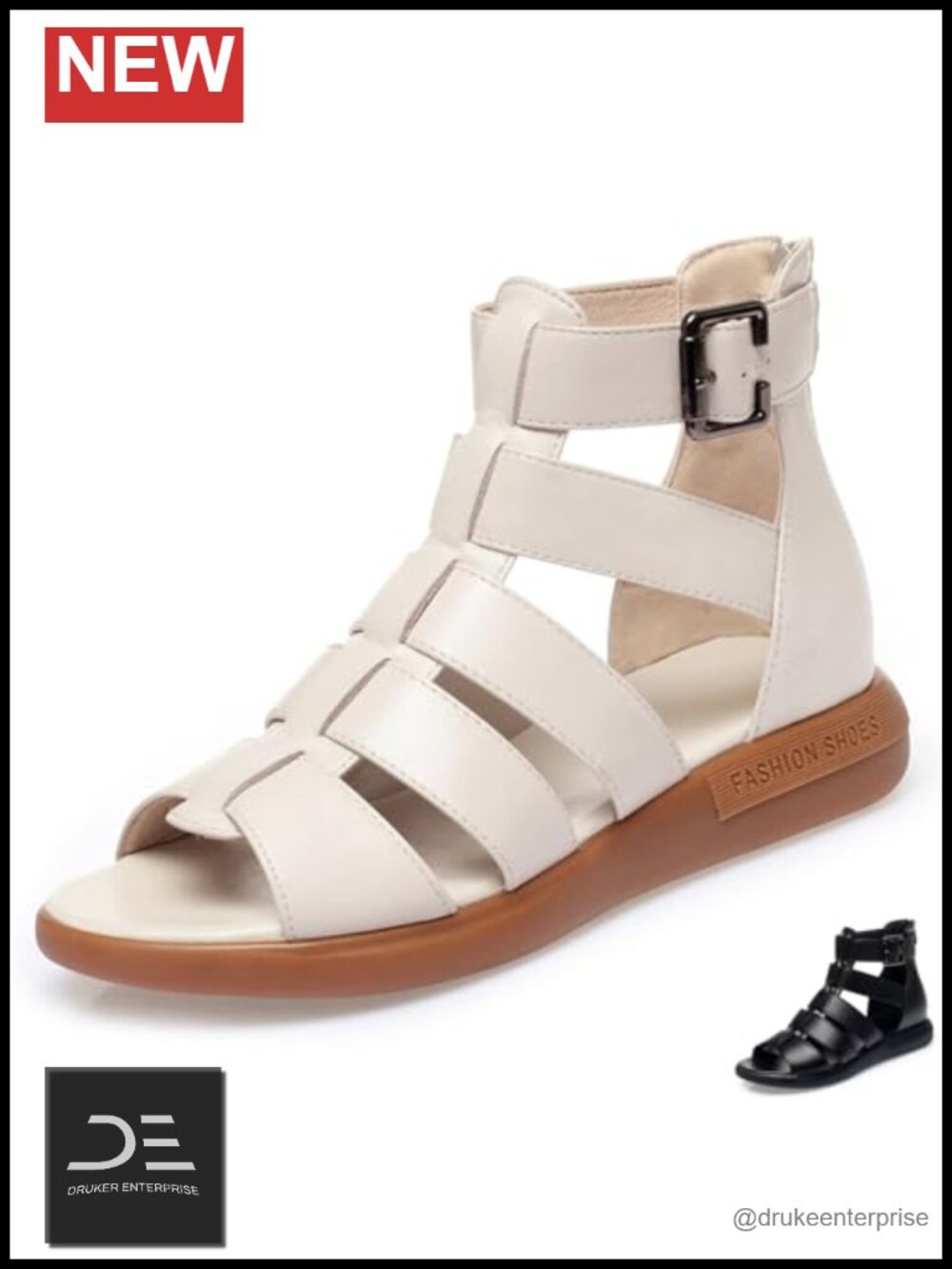 Women's Leather High-Top Gladiator Sandals with Back Zipper, Ankle Strap, Open